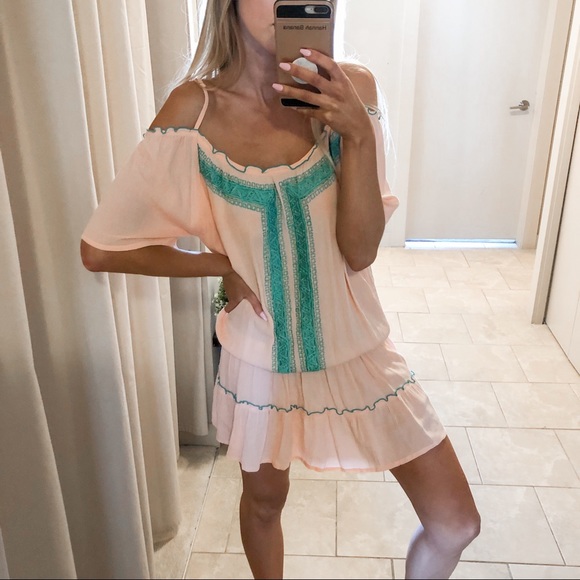 Pink & Turquoise Off TheShoulder Dress - Picture 1 of 4